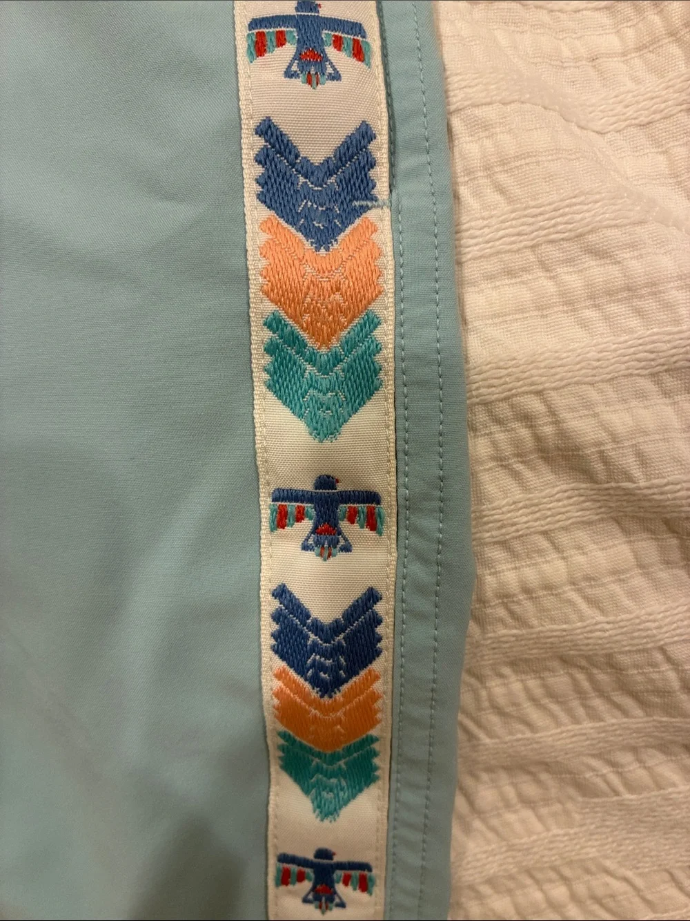 Faherty Light Blue Swim Board Shorts with Chevron Side Trim